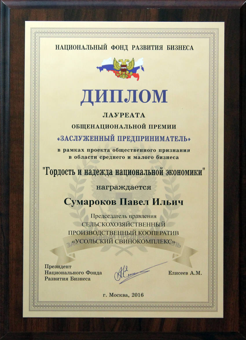 Диплом «Заслуженный предприниматель»